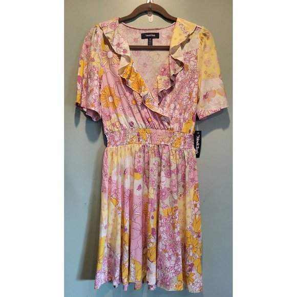 New Modcloth Marvelous Flower Medley Surplice Dress Pink Yellow Sz M - Picture 1 of 7